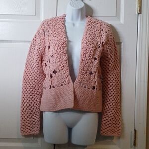 Nine & Co by Nine west wool blend crochet cardigan sweater Sz L Dusty Pink EUC